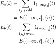 \begin{aligned}
E_a(t) &= \sum_{t_j, \text{$j$ odd}} 1_{(-\infty,t_j]}(t) \\
       &= E((-\infty,t], \{a\}) \\
E_b(t) &= \sum_{t_j, \text{$j$ even}} 1_{(-\infty,t_j]}(t) \\
       &= E((-\infty,t], \{b\}) \\
\end{aligned}