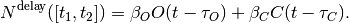 N^{\text{delay}}([t_1,t_2]) = \beta_{O} O(t-\tau_O) + \beta_{C} C(t-\tau_C).