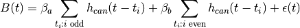 B(t) =  \beta_a \sum_{t_i: \text{$i$ odd}} h_{can}(t-t_i) + \beta_b
\sum_{t_i: \text{$i$ even}} h_{can}(t-t_i) + \epsilon(t)