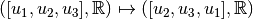 ([u_1,u_2,u_3], \mathbb{R}) \mapsto ([u_2,u_3,u_1], \mathbb{R})